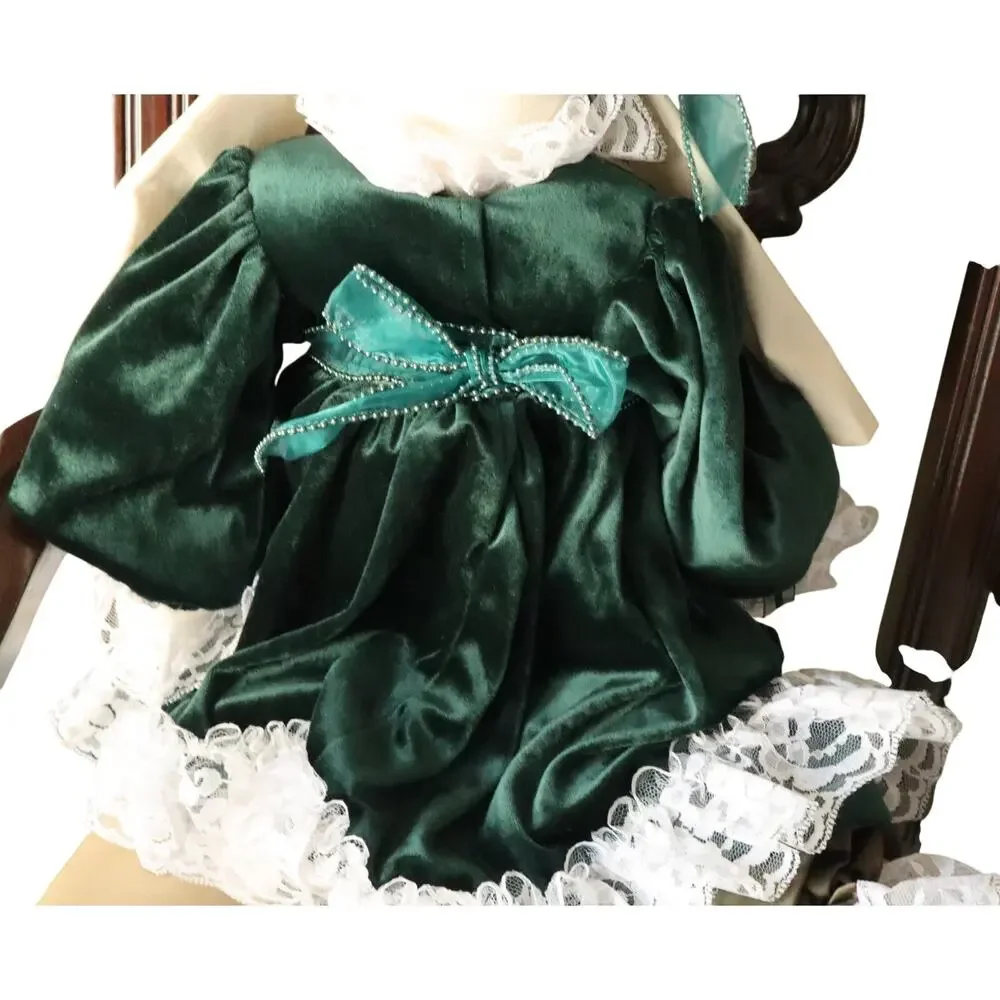 Vintage 80s 90 Handmade Bunny Rabbit Doll Green Velvet Dress Lace Cottagecore